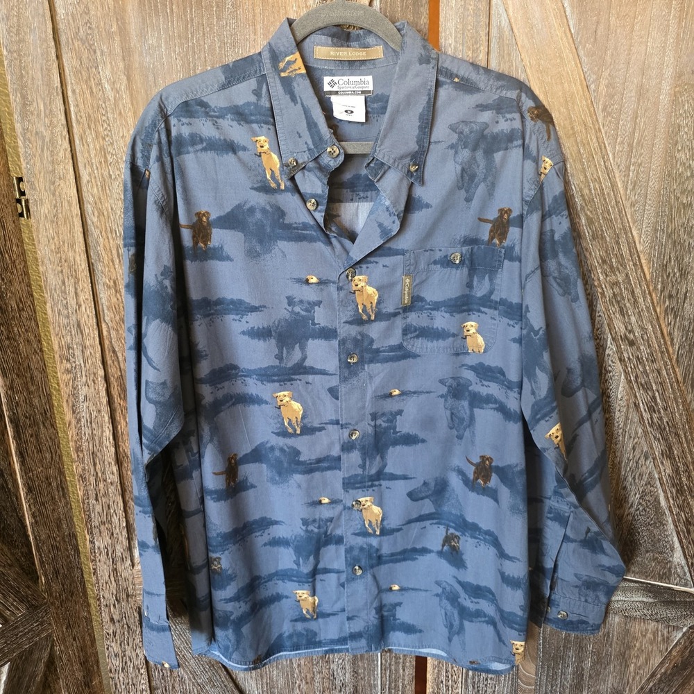 Columbia Shirt Men's Size Medium Blue Blue Dog Graphics River Lodge Button Up